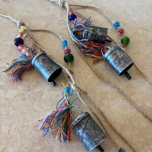 Boho Tibetan Style Hanging Bell Chimes – Set of 2 – Colorful Beaded Global Decor
